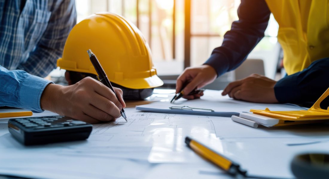 Engineers designing a layout for an open-pit mine expansion project